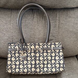 Guess Monogram Beige and Dark Brown Satchel Bag